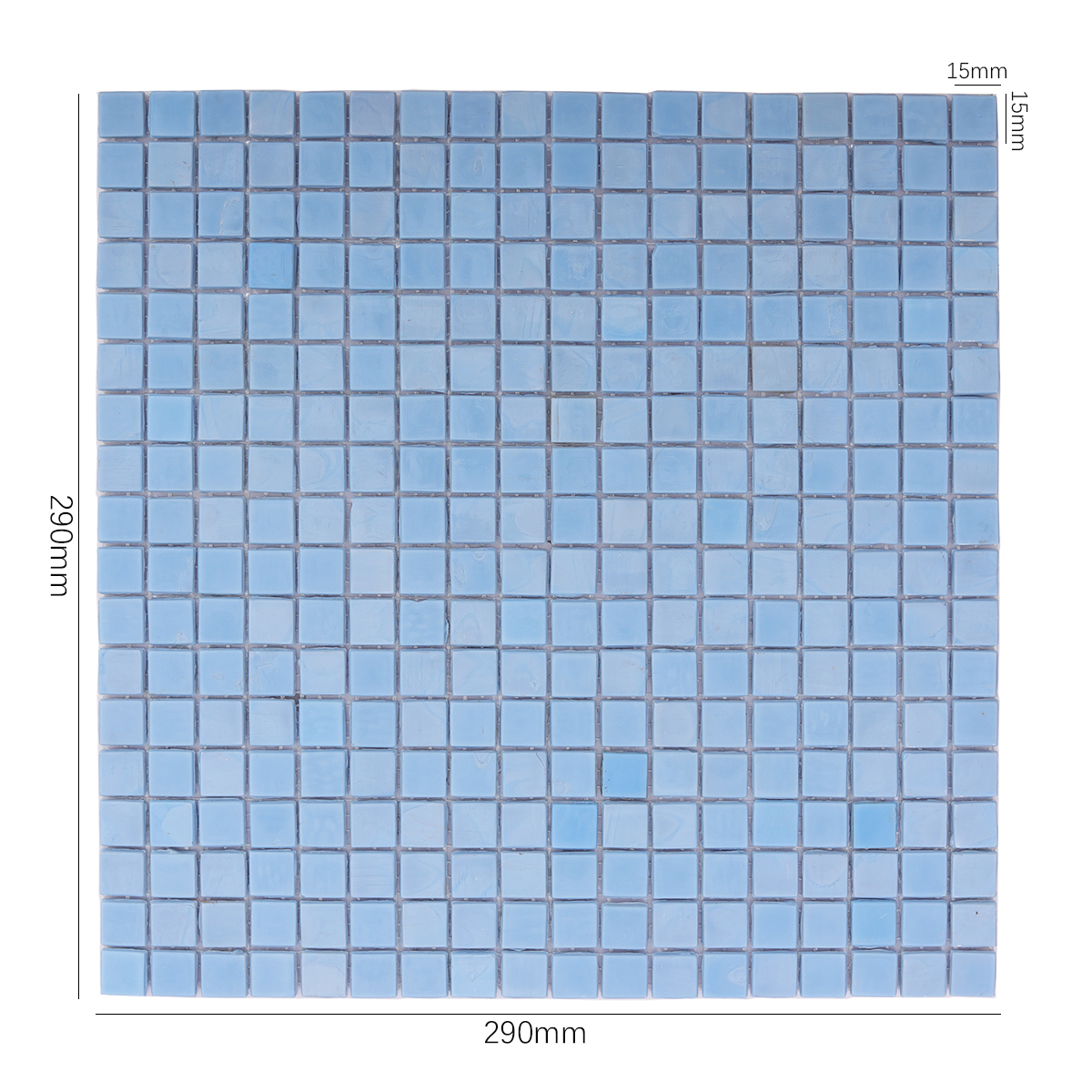 Front View of Sky Blue Mosaic Tile with Dimensions Displayed