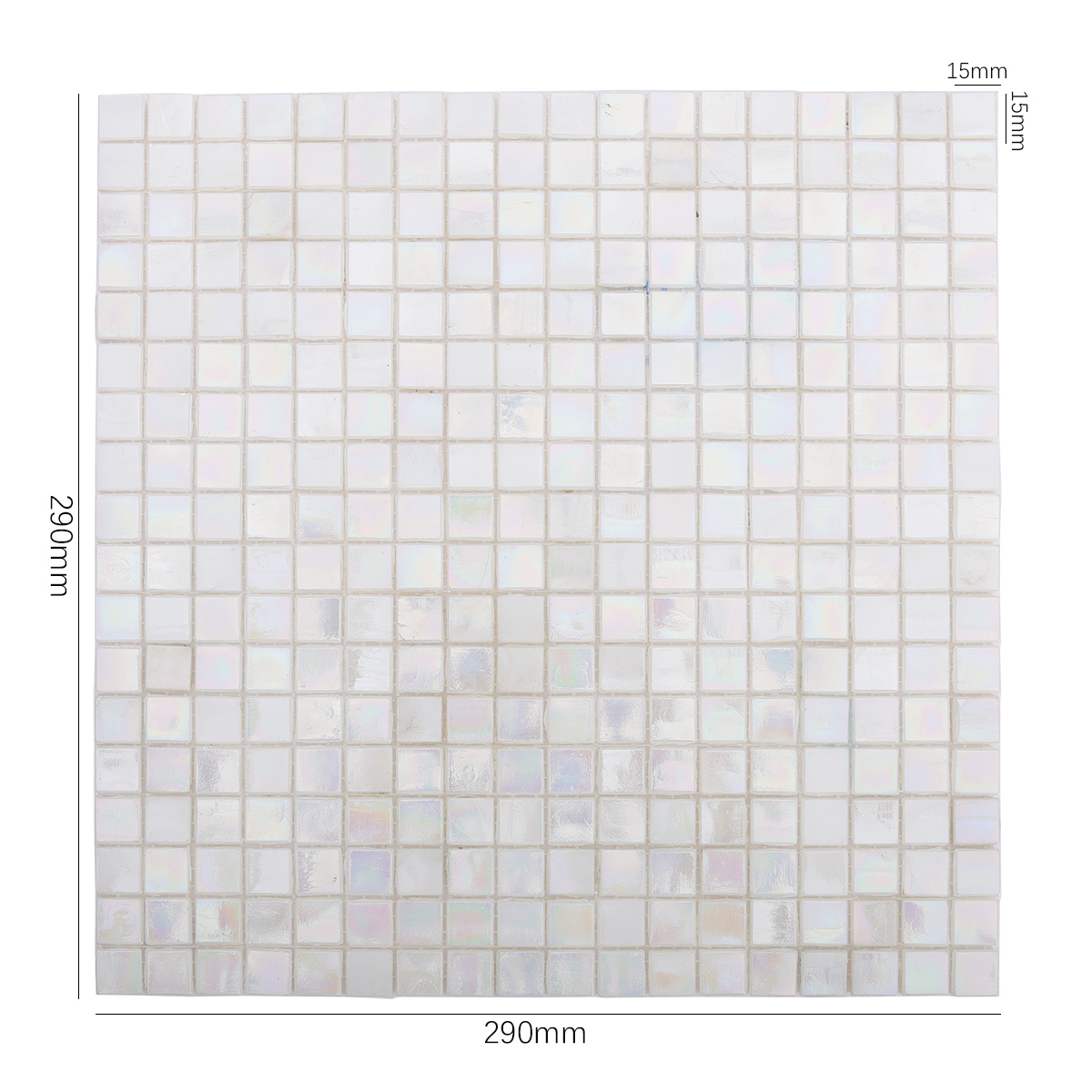 Front View of White Iridescent Glass Swimming Pool Tile with Size Displayed