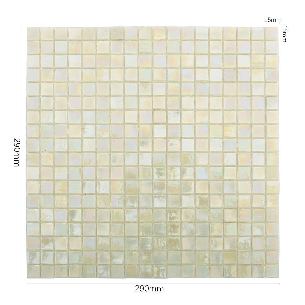 Front View with Size Displayed for Seafoam Green & Cream Glass Mosaic Tiles