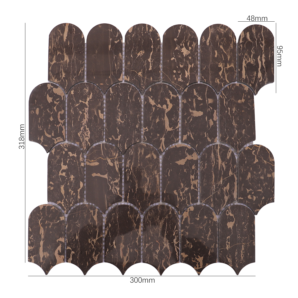 Dark marble mosaic tile with scallop shape and gold veins, with size annotations