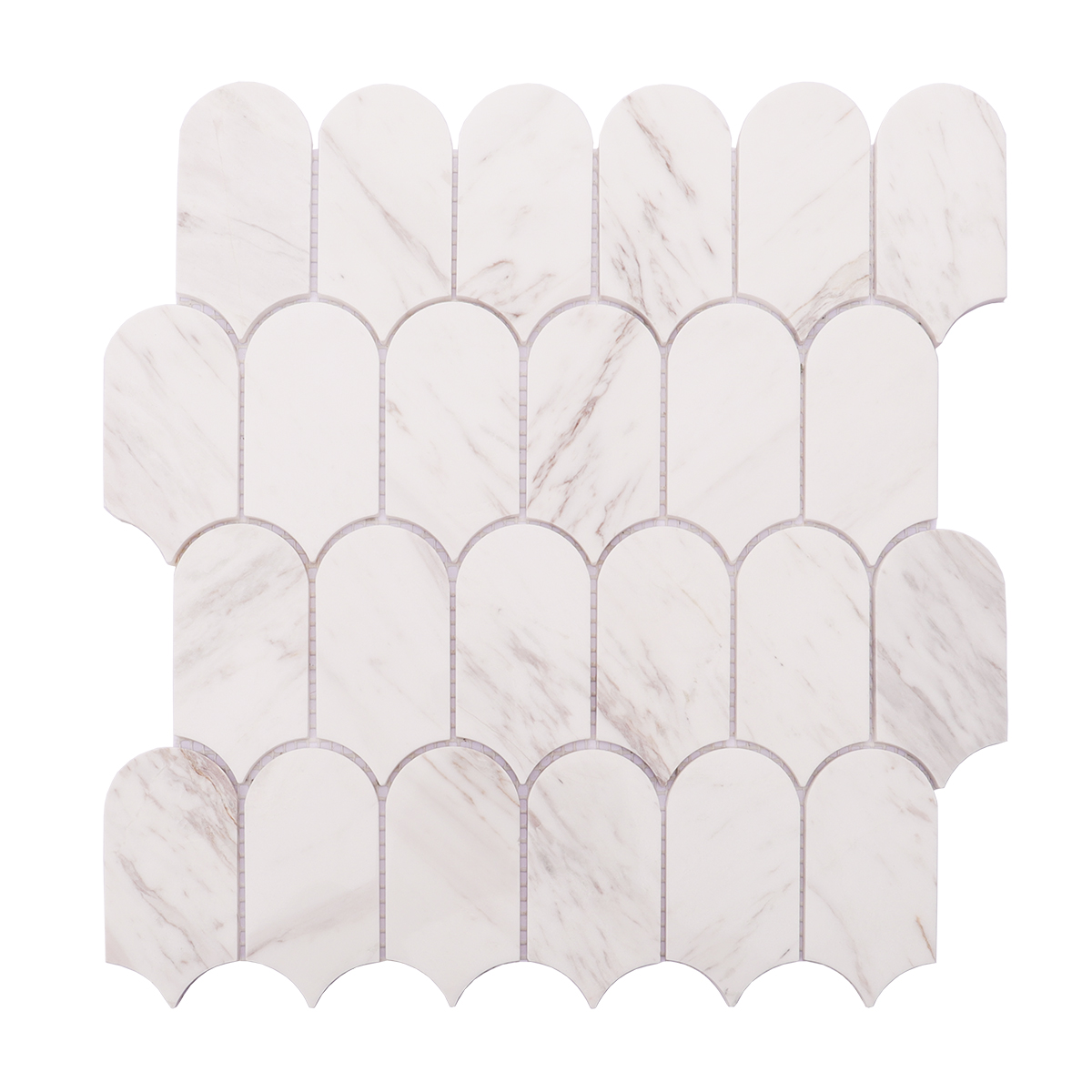 Full product display of white marble mosaic tile with scallop shape and soft veins