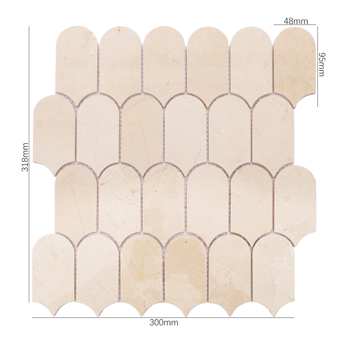 beige marble mosaic tile with scallop shape, dimensions marked for reference