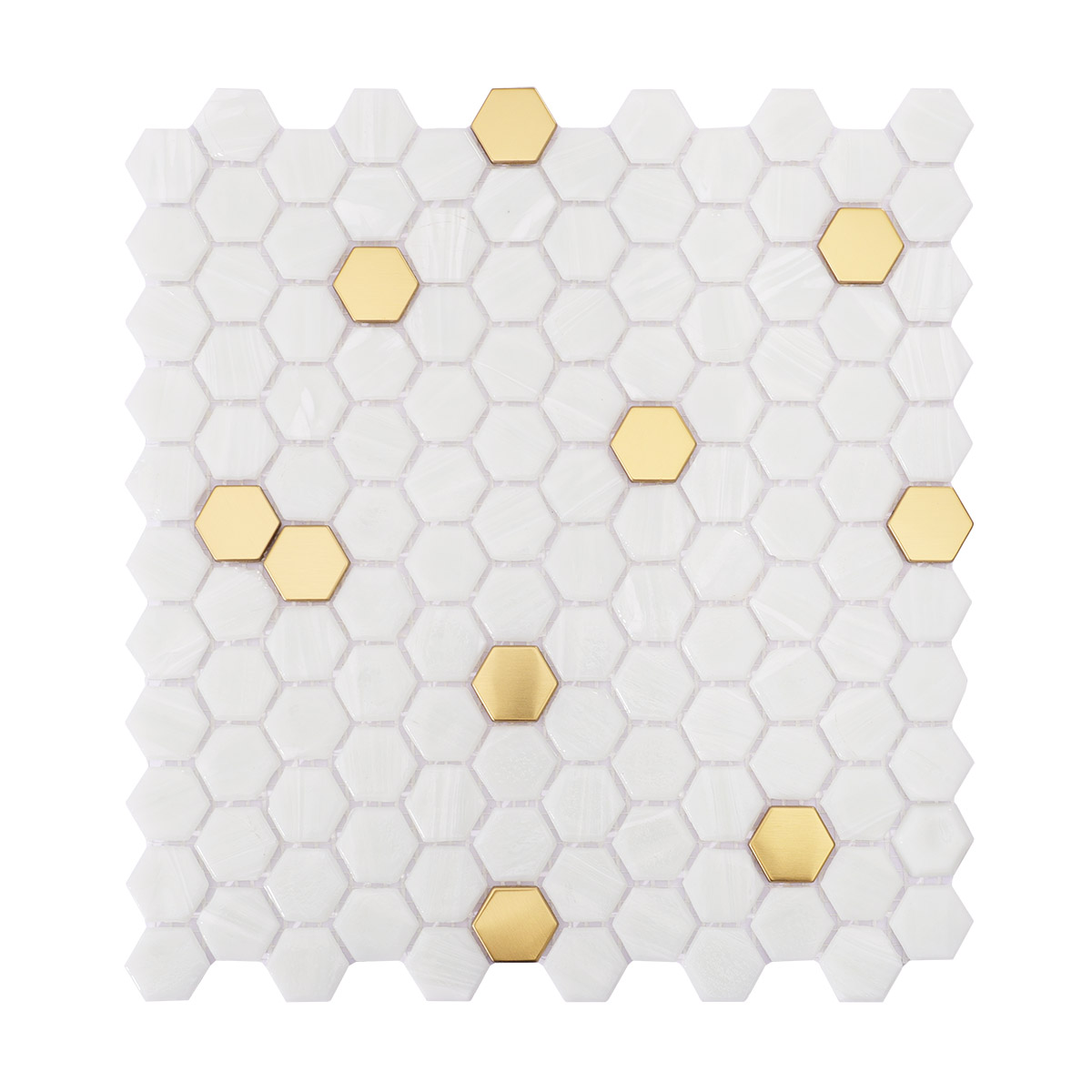 Full view of white hexagonal mosaic tile with gold accents, no dimensions shown.