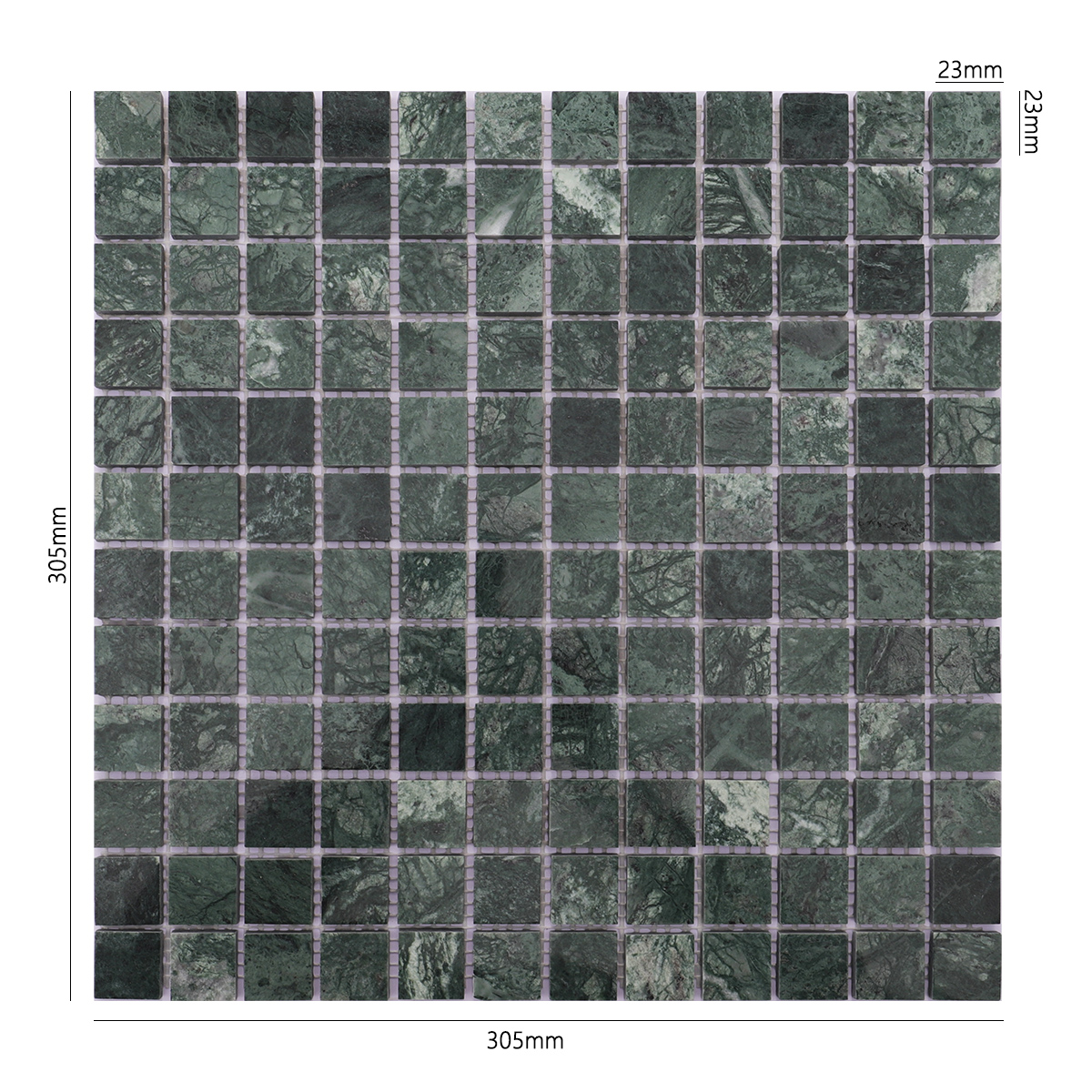 Green marble square mosaic tile sheet, 305mm x 305mm, with varied textures