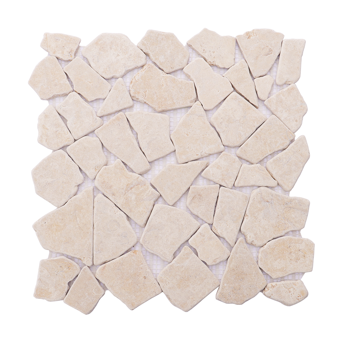 Front view of beige natural stone mosaic tiles with irregular shapes, showcasing their design