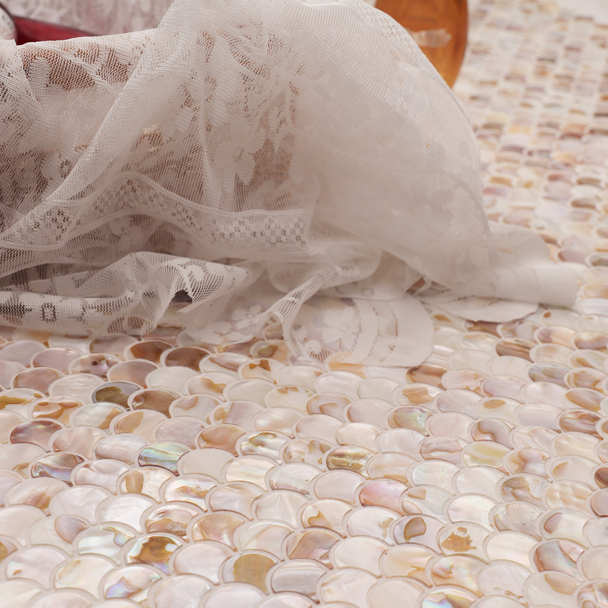 Wide shot of a mother-of-pearl shell mosaic floor 