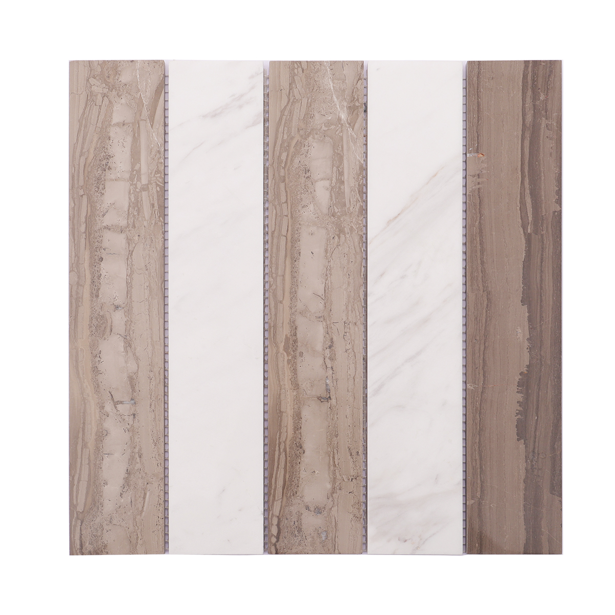 Full view of beige marble mosaic tiles with rectangular shapes 