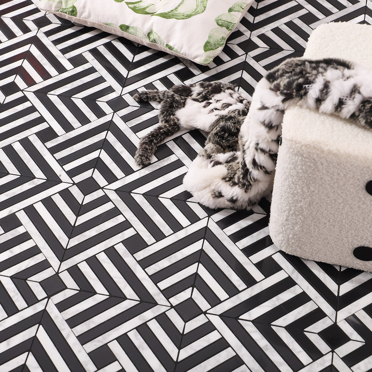Full view of black and white geometric mosaic tile pattern in a large area.