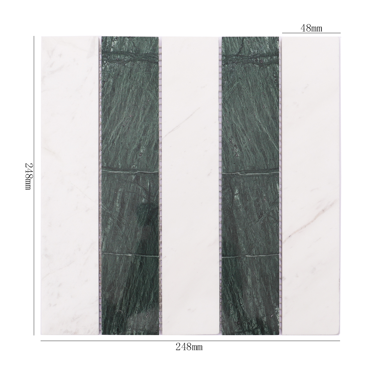 Size specifications for the green and white marble tile with dimensions shown