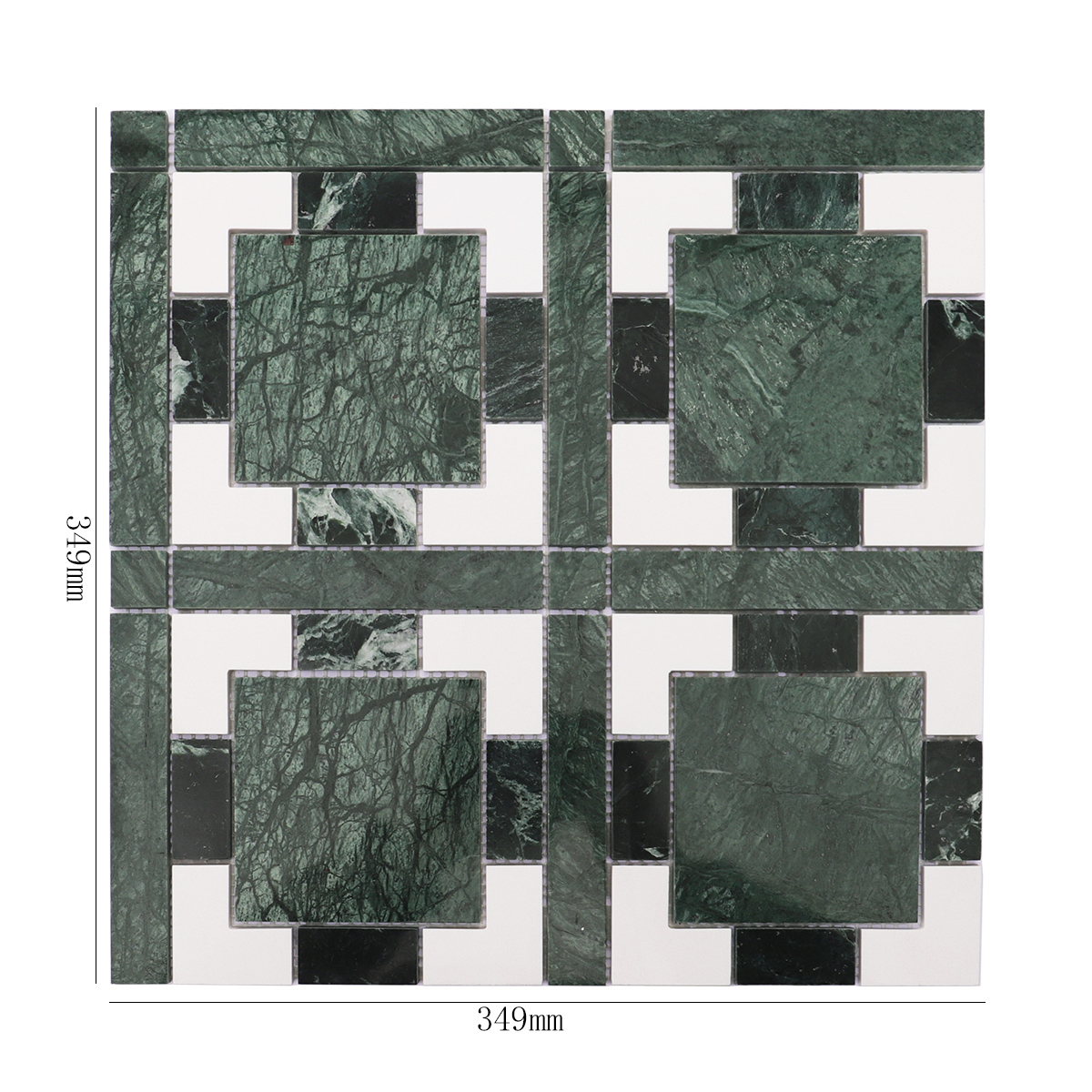Geometric pattern stone mosaic with green and white accents with dimensions