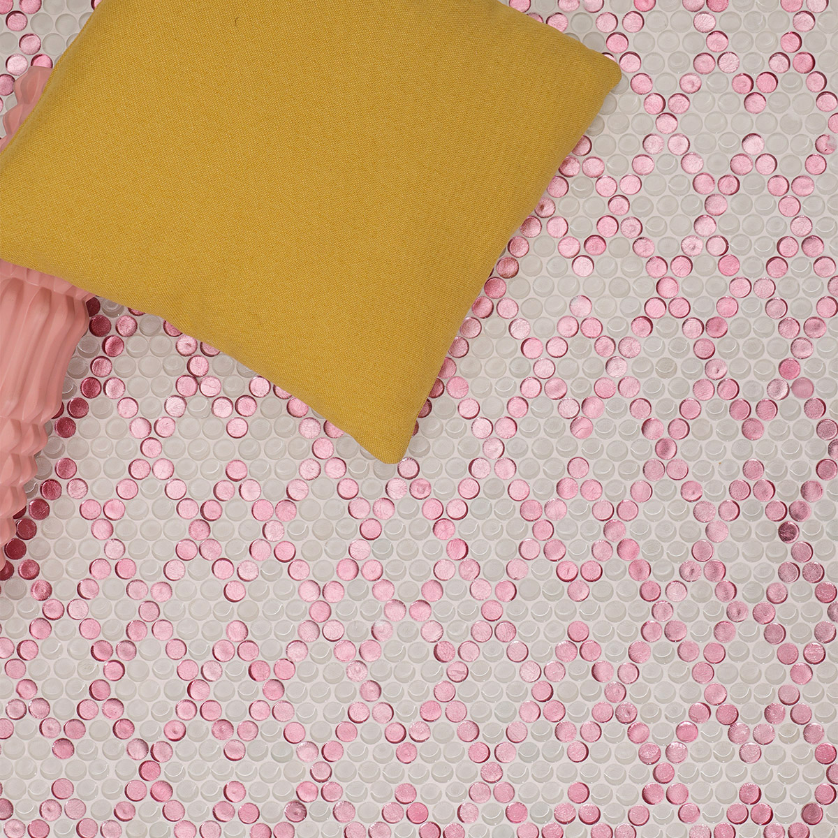 White and Pink Round Glass Diamond Geometric Pattern Mosaic Tiles