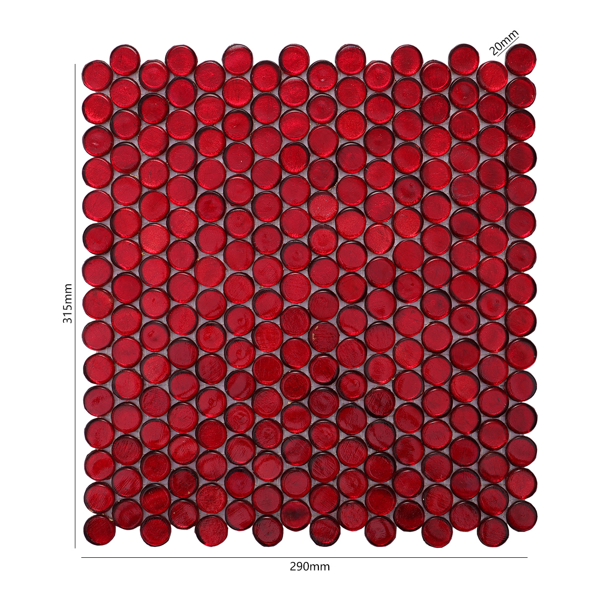 Full view of red glass circular mosaic tile sheet with dimensions shown