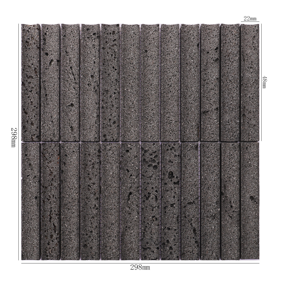 Full tile display with dimensions of the black lava stone mosaic