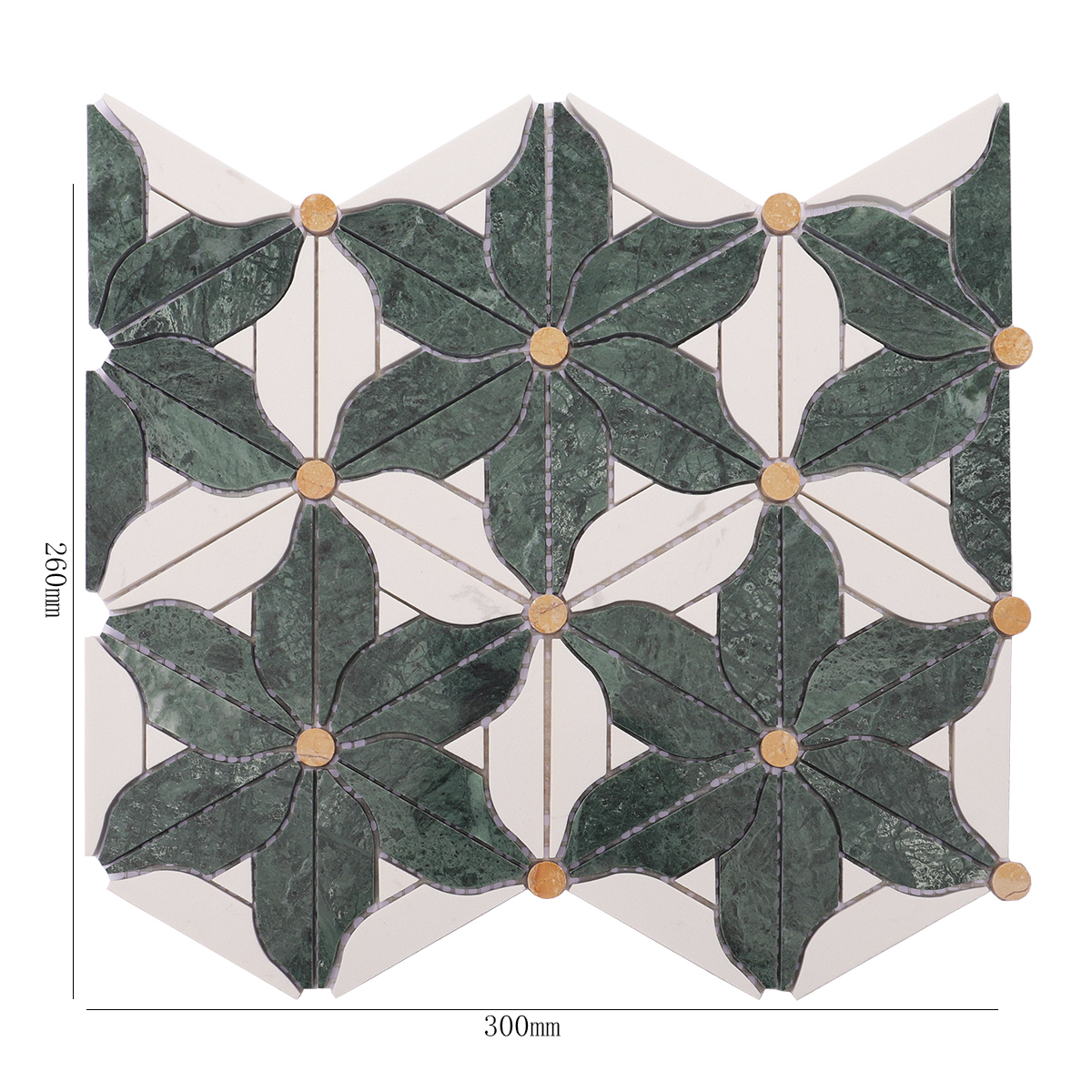 Green and white marble flower mosaic tiles with clear dimensions