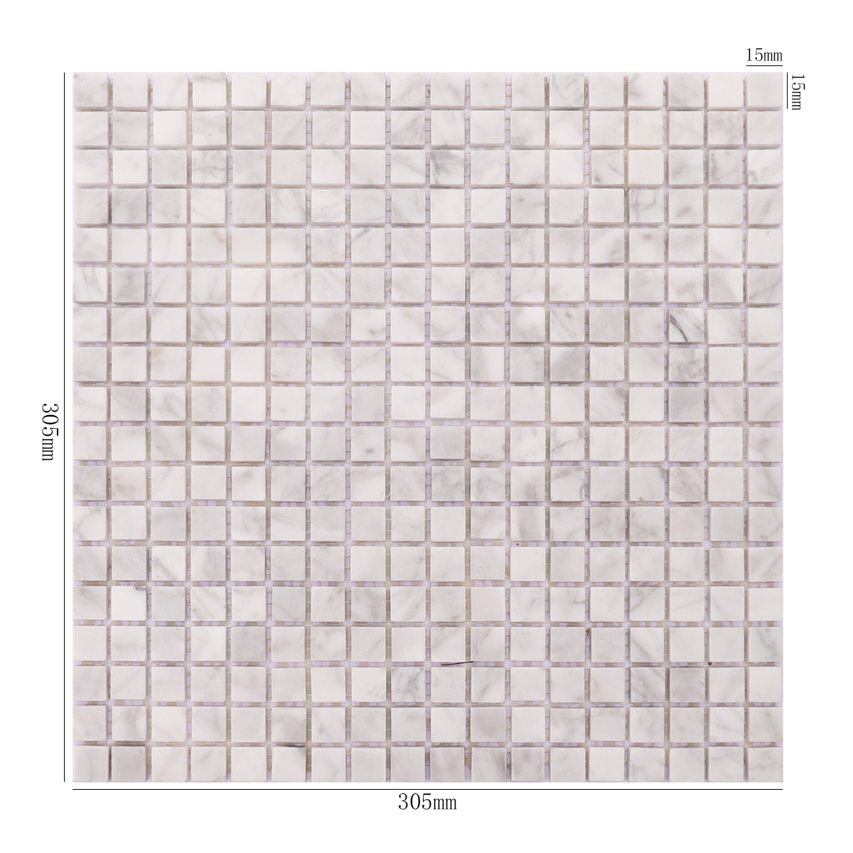 Carrara white honed marble square mosaic tiles with dimensions displayed.