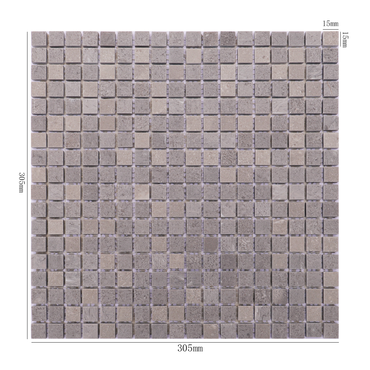Gray square polished marble mosaic wall and floor tiles with dimensions displayed