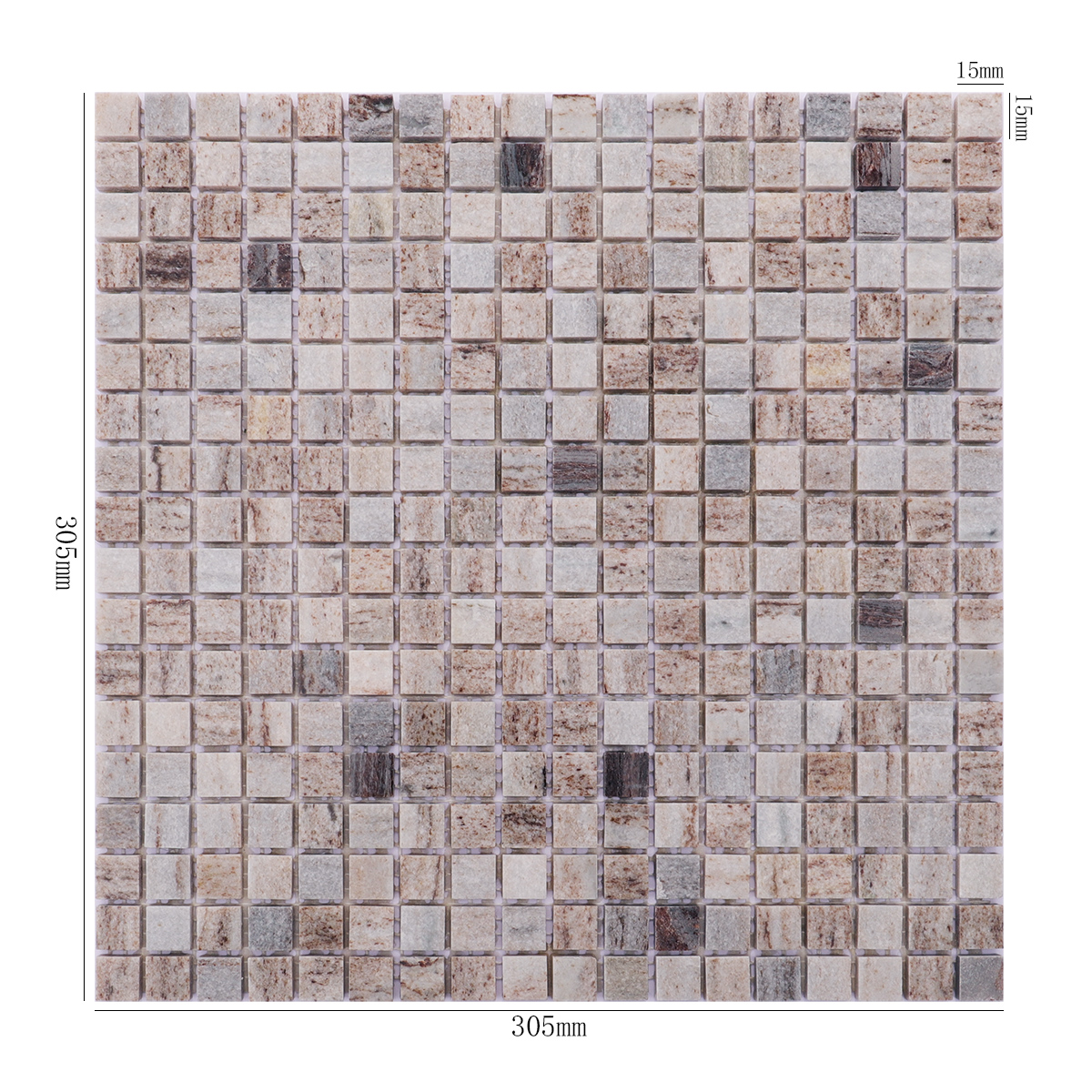 Gray wooden square honed marble mosaic tile with dimensions shown