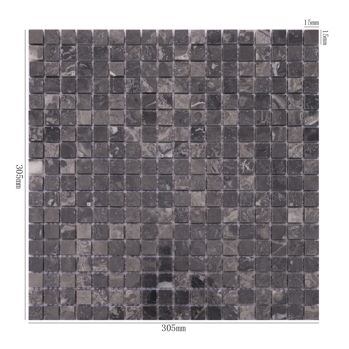 Dark gray square slate mosaic floor tile with dimensions shown