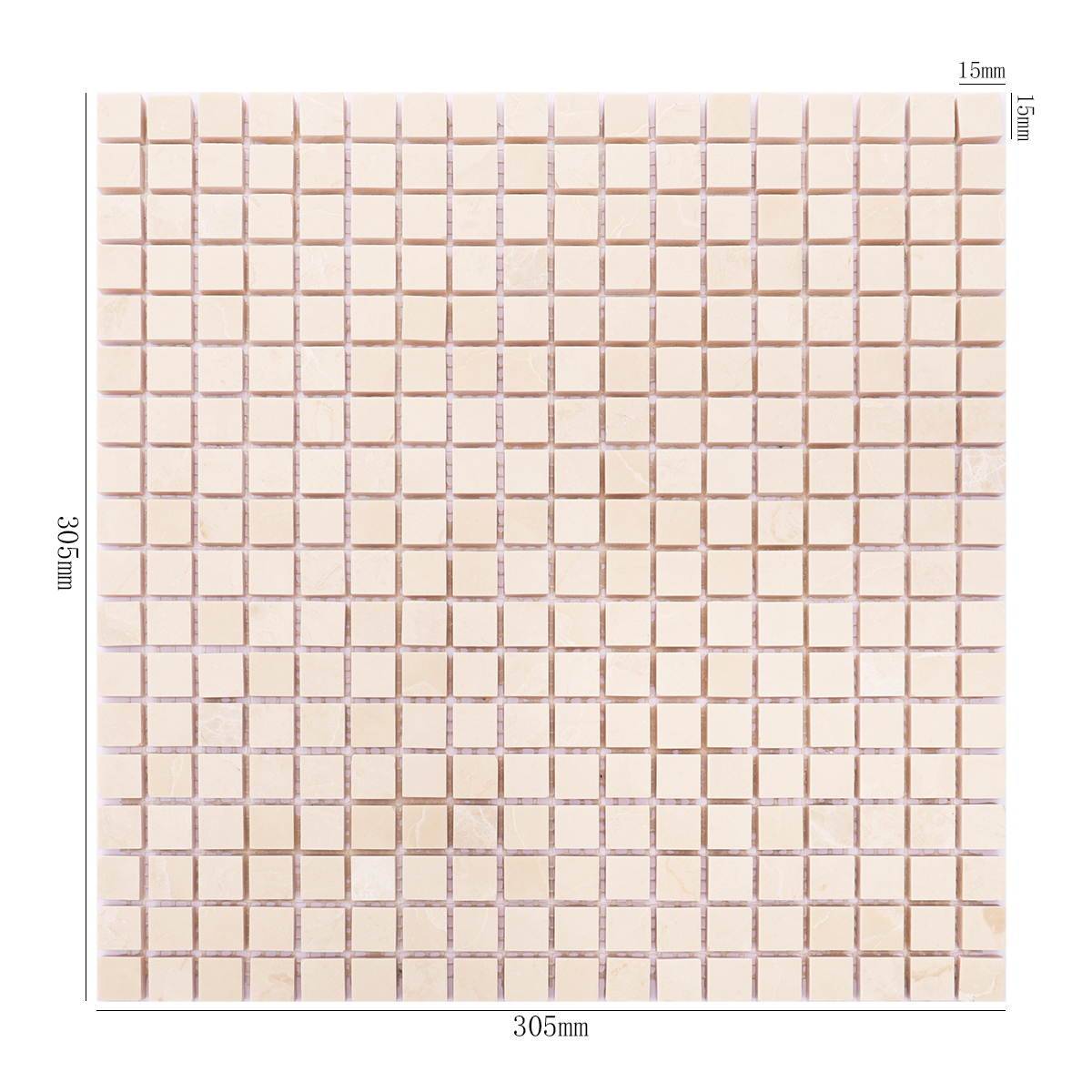 Beige square polished marble backsplash mosaic tiles with dimensions shown.