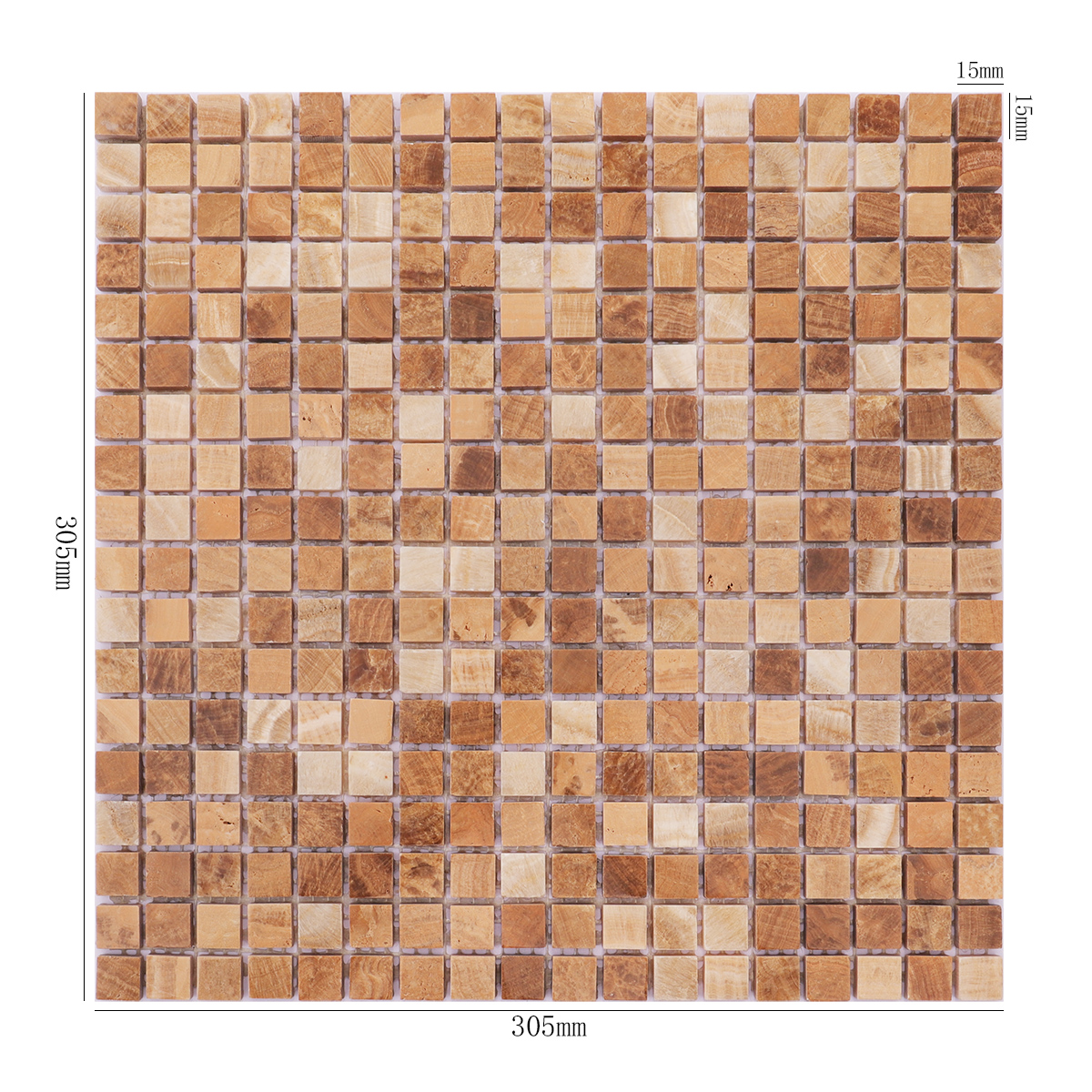 Light brown square wooden marble mosaic tile with dimensions shown.