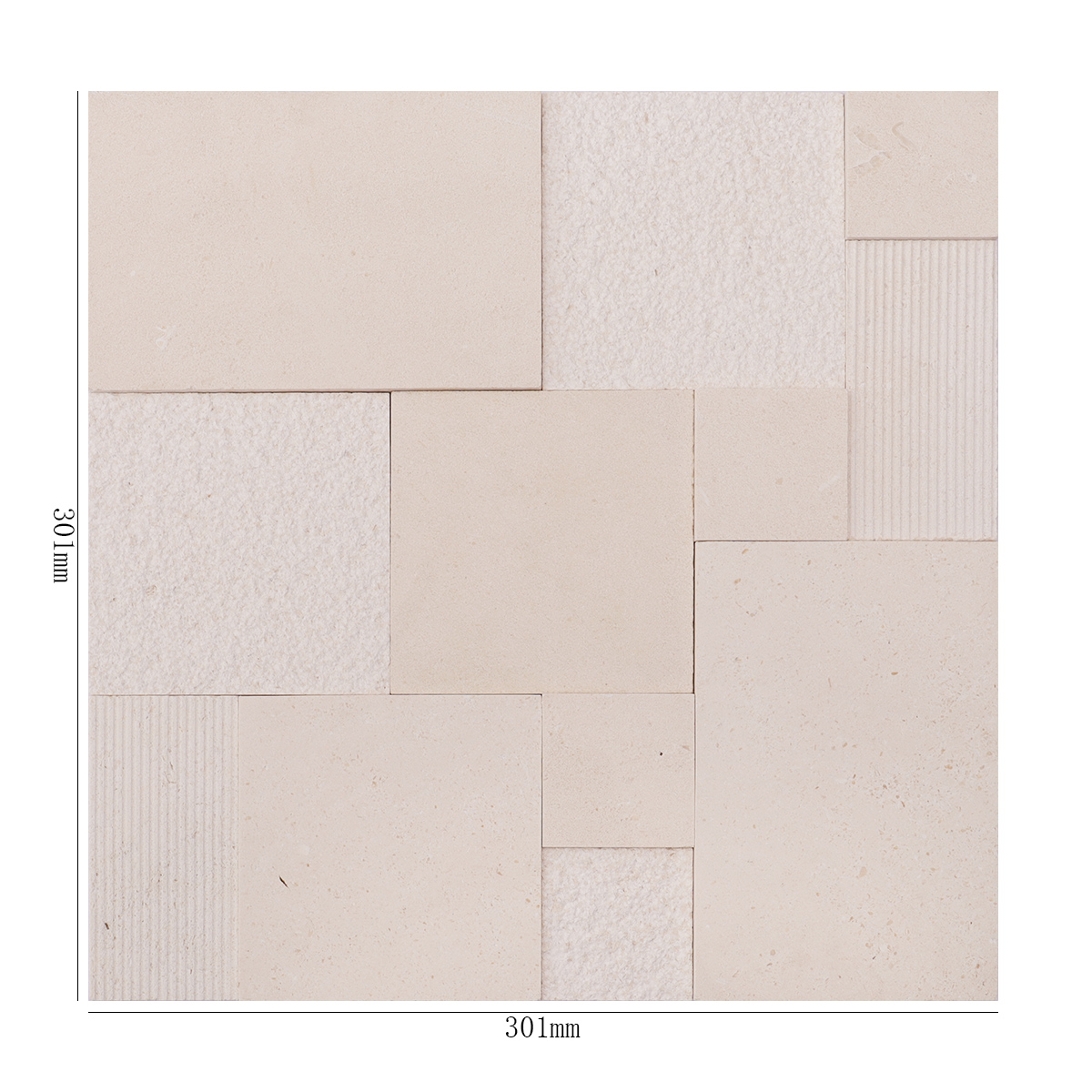 3D beige square marble mosaic wall tile with dimensions shown.