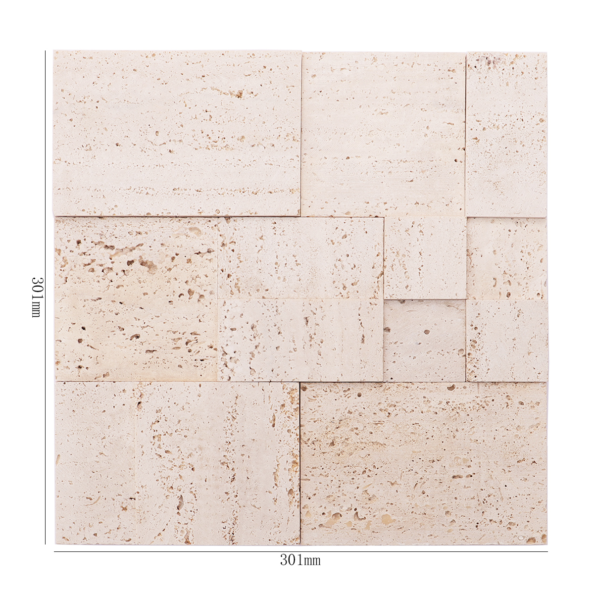 Beige square 3D natural stone travertine mosaic wall tile with dimensions shown.