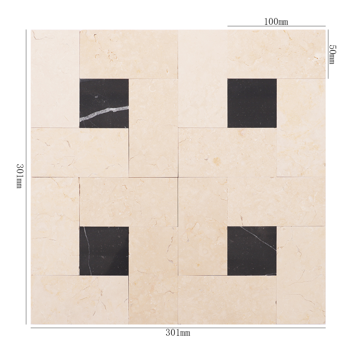 Beige with black polished marble square mosaic tiles with dimensions shown.