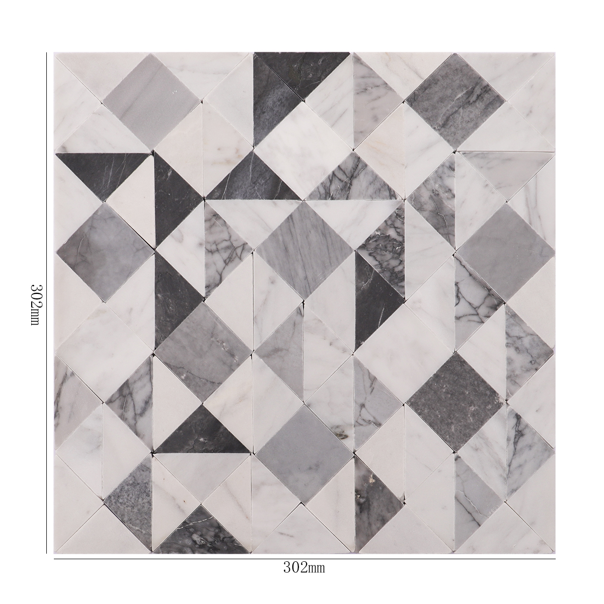 Grey and white geometric triangle honed marble mosaic with dimensions shown.