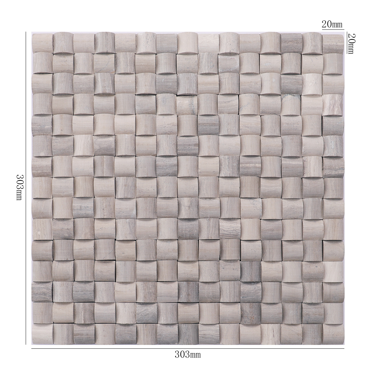 3D gray bread curved square marble mosaic tiles with dimensions shown.