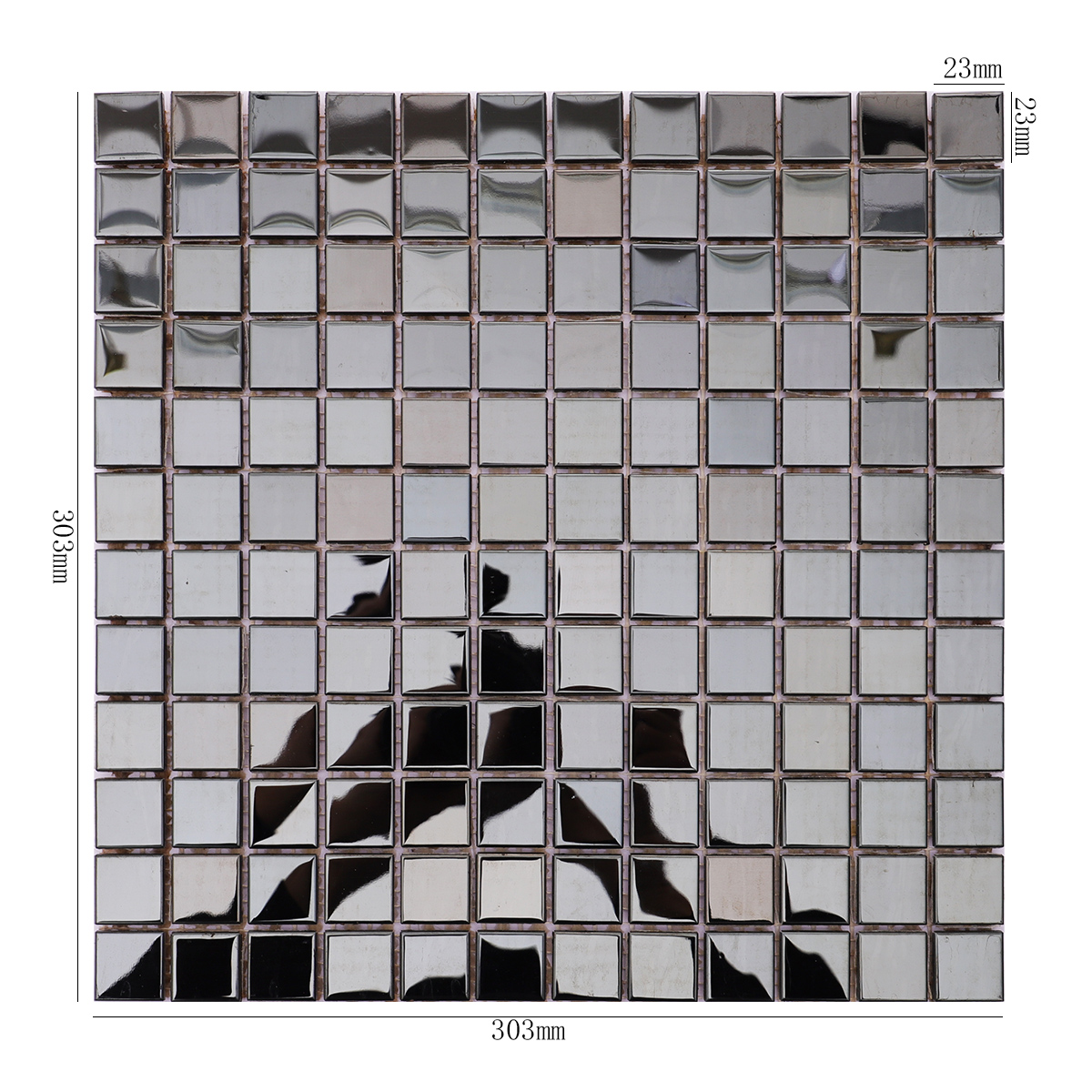 Square mirror black stainless steel mosaic tile with dimensions displayed.