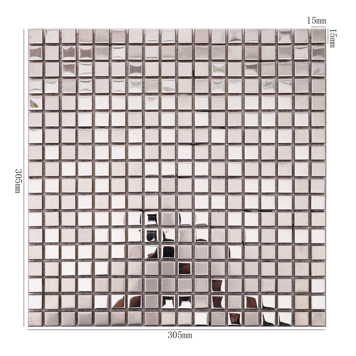 Stainless steel silver square metal mosaic bathroom wall tile with dimensions.