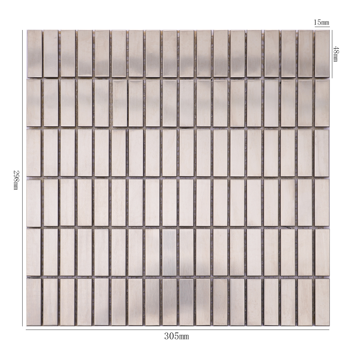 Silver metal brushed stainless steel rectangle mosaic tiles with dimensions.