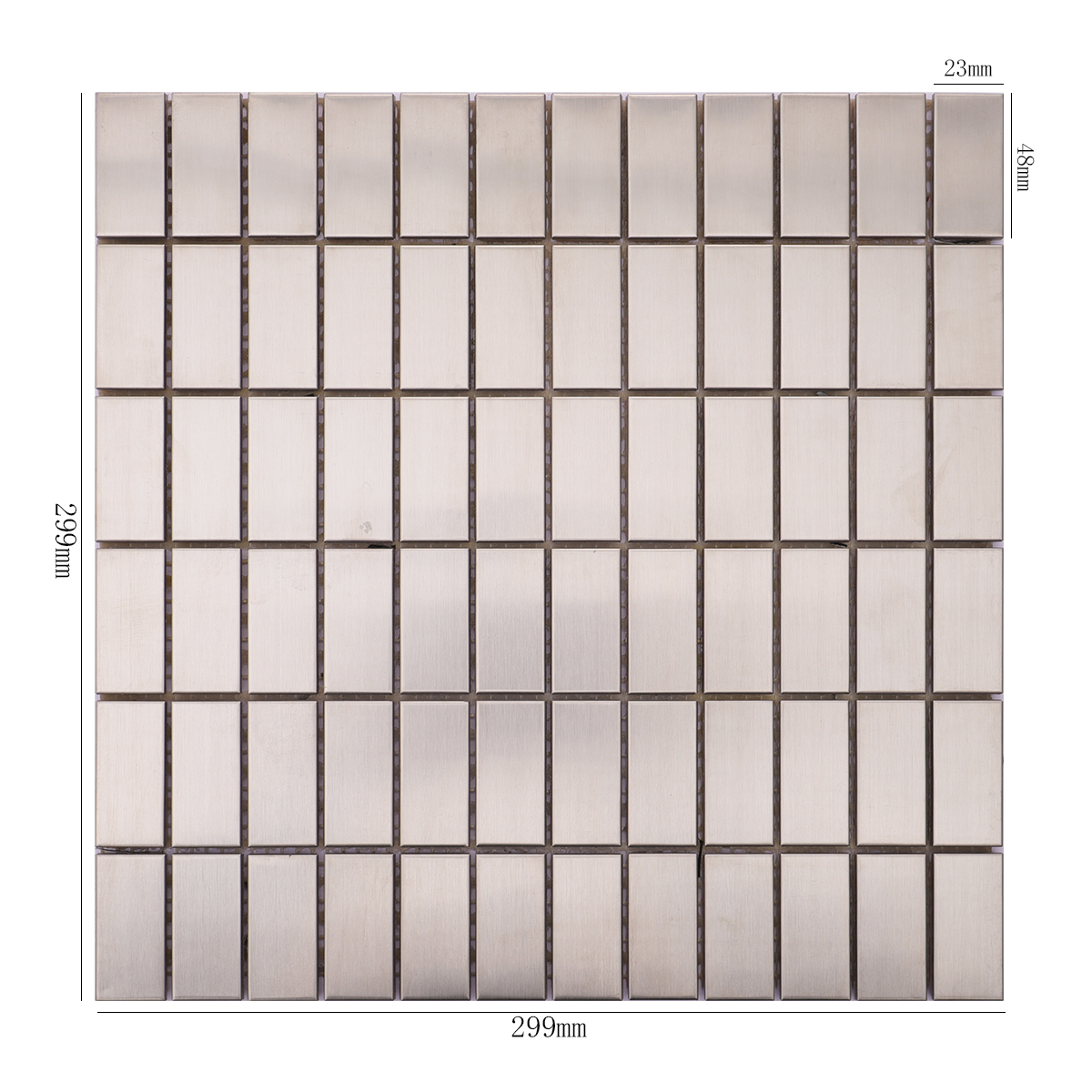 Brushed silver stainless steel brick mosaic tiles with measured dimensions.