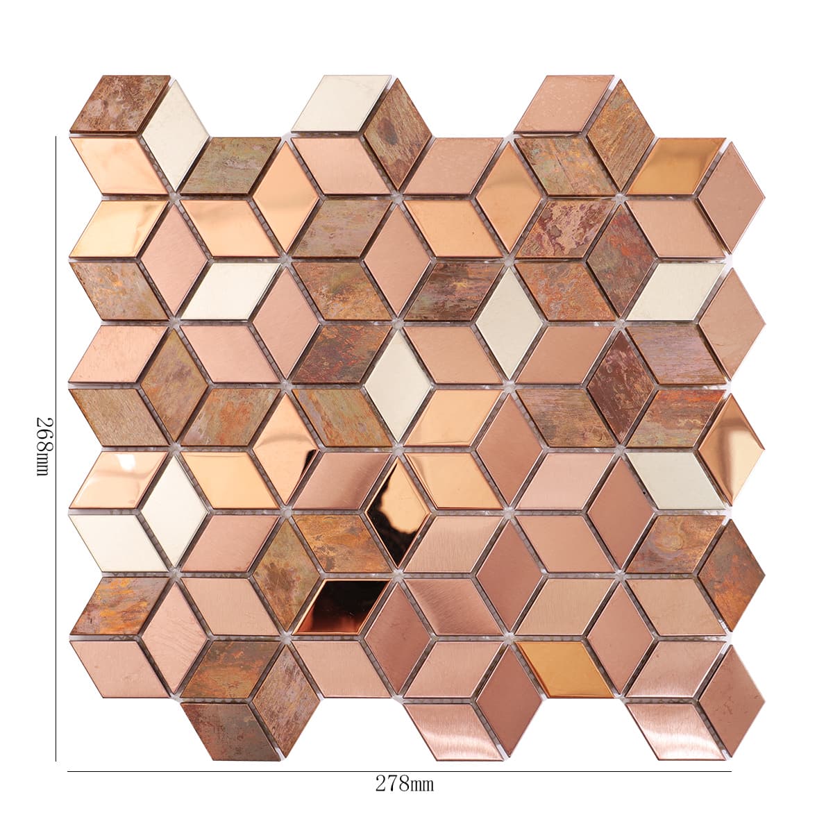 Diamond stainless and copper steel cube metal mosaic tiles with size details.