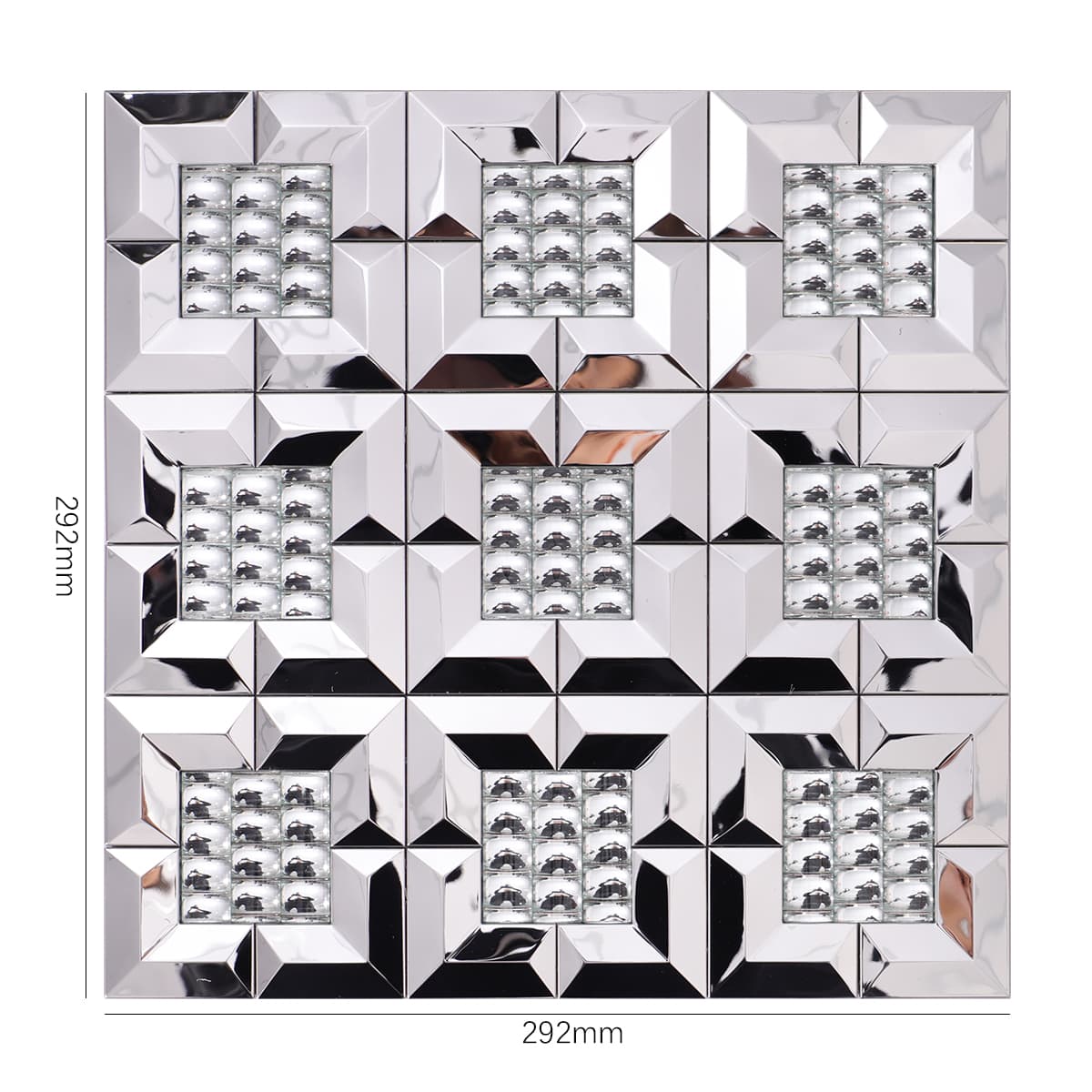 Square 3D silver and clear glass mosaic tile sheet with size label