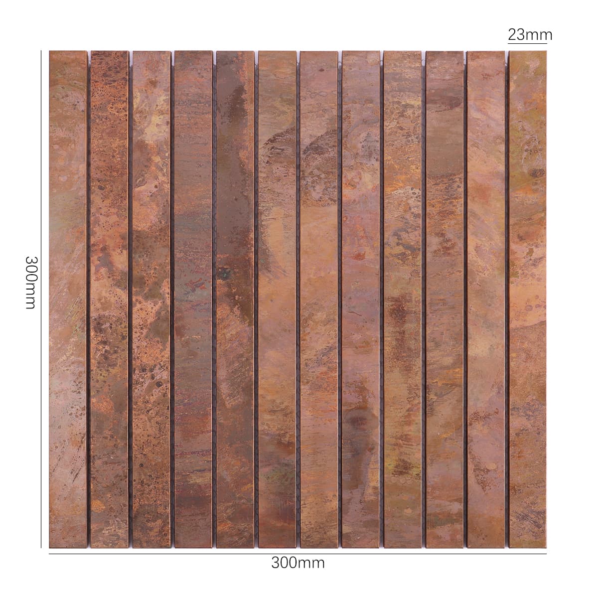 Vintage copper mosaic tile sheet with size details