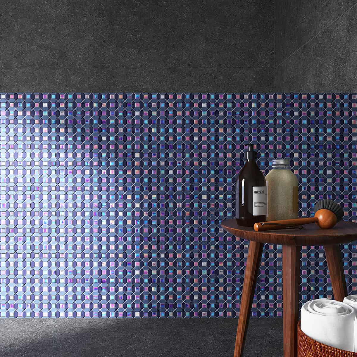 Iridescent  Picket and Square  Blue Glass Mosaic Tiles
