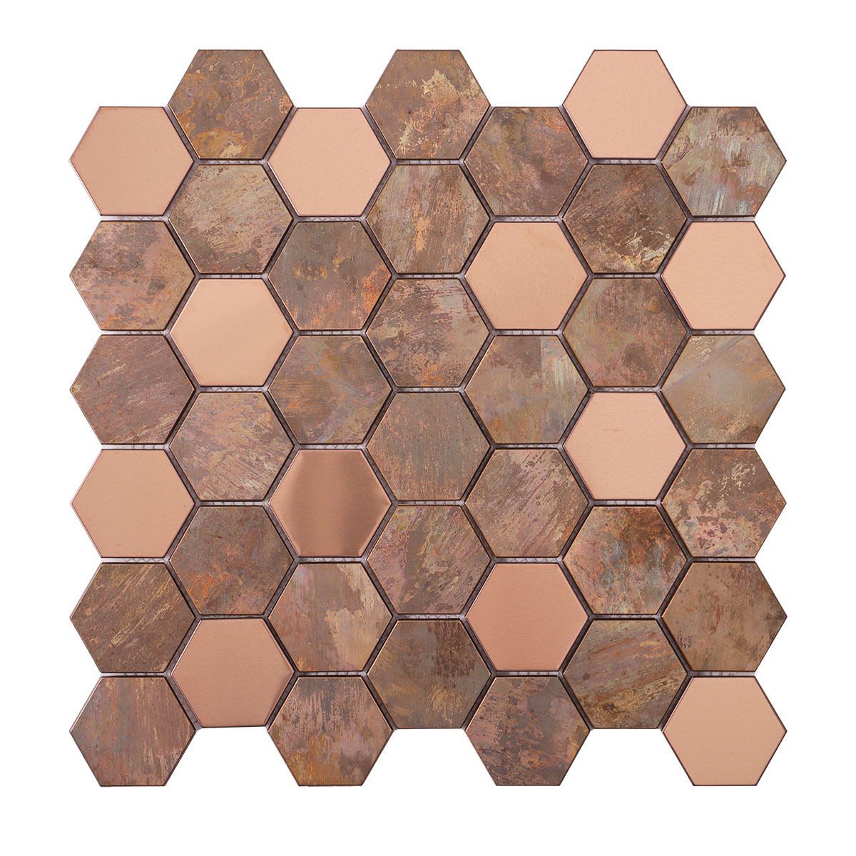 Copper Corrosion Effect Hexagonal Metal Mosaic Tiles  