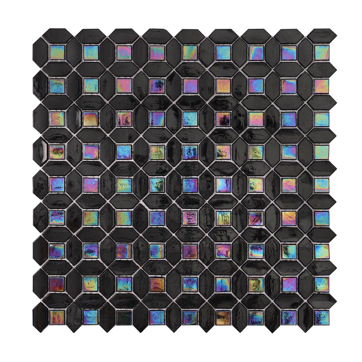 Obverse side of black mini picket and square iridescent glass mosaic tiles.
