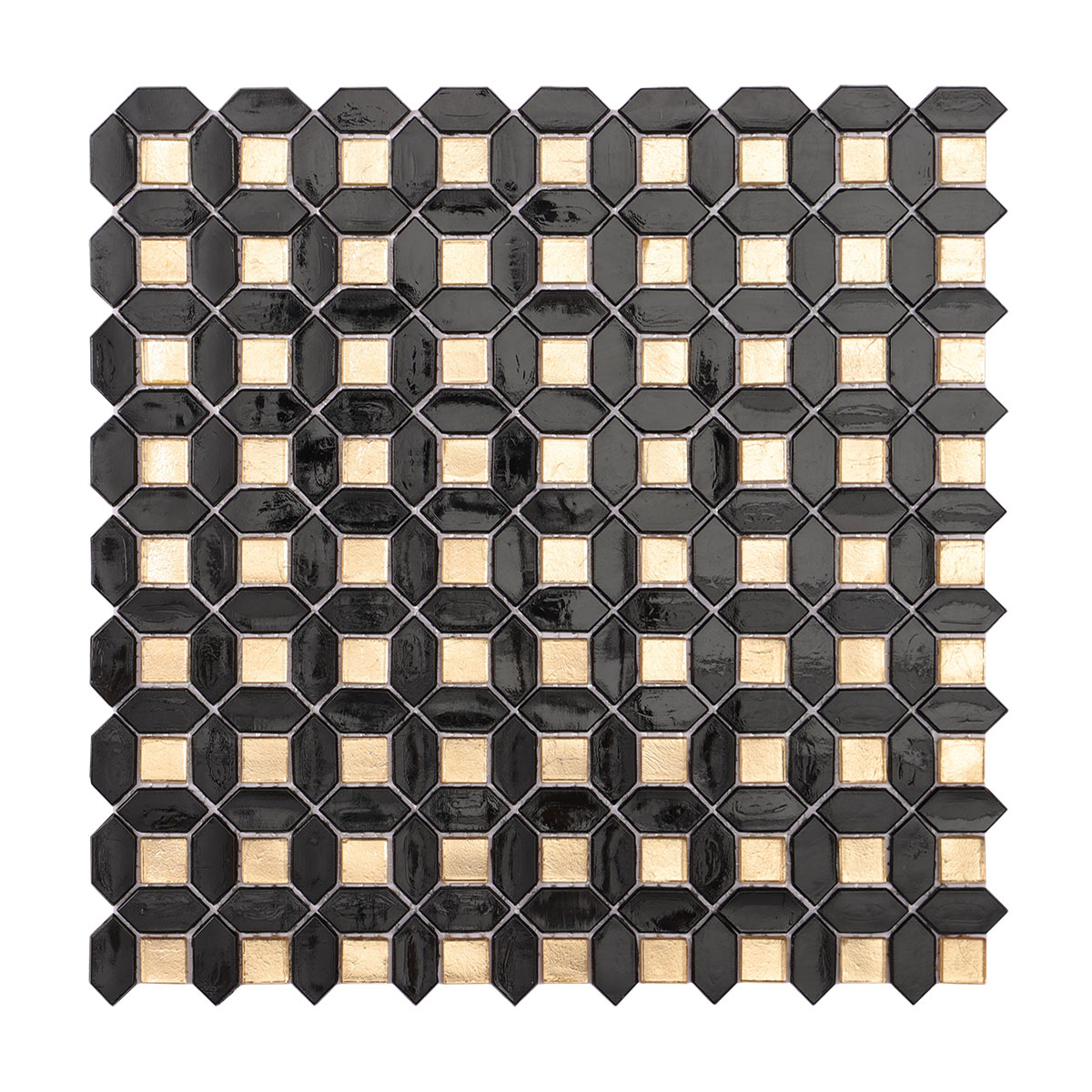 Obverse side of black mini picket and square gold glass mosaic tiles.