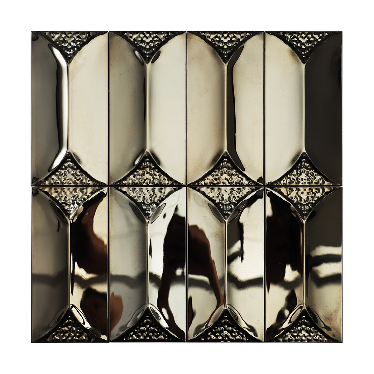 Obverse side of 3D black mirror metal rectangle mosaic tiles.