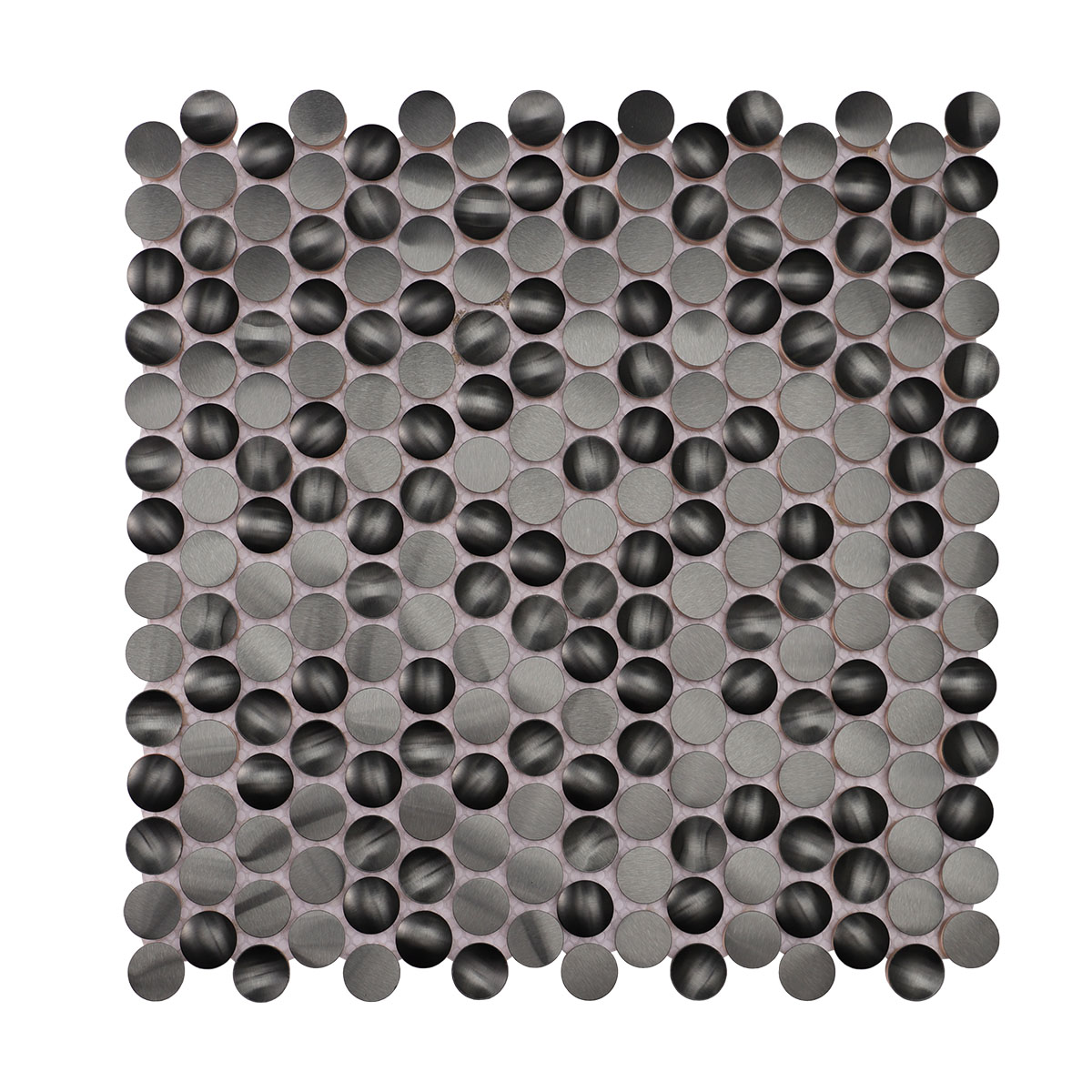 Obverse side of 3D black penny round metal mosaic tiles.