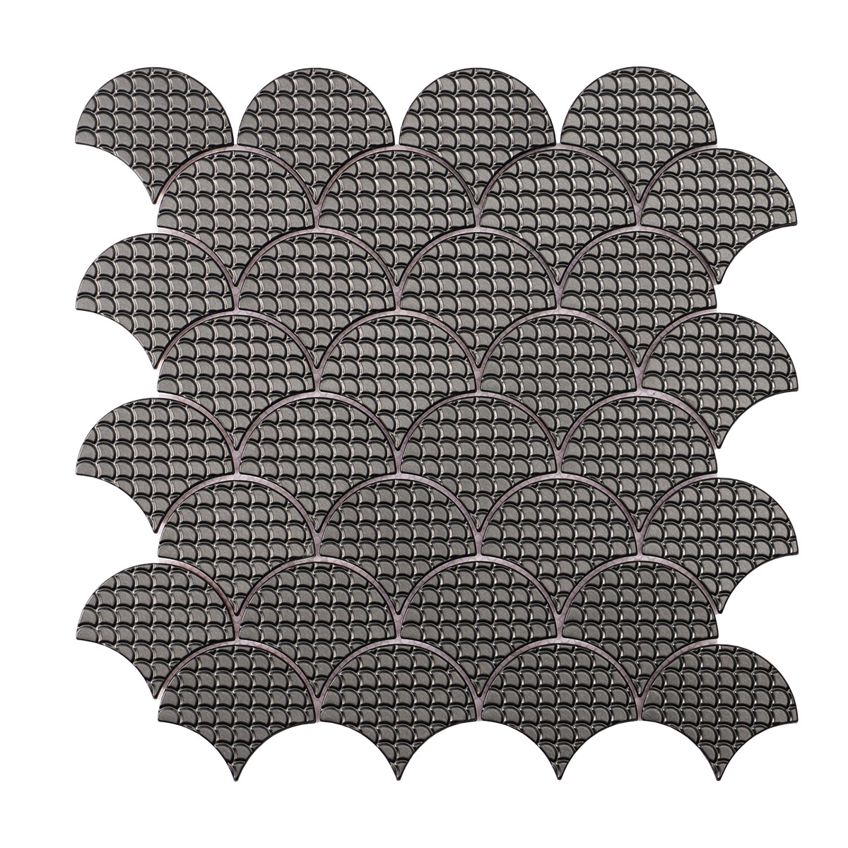 Obverse side of black metal fish scale pattern mosaic tiles.
