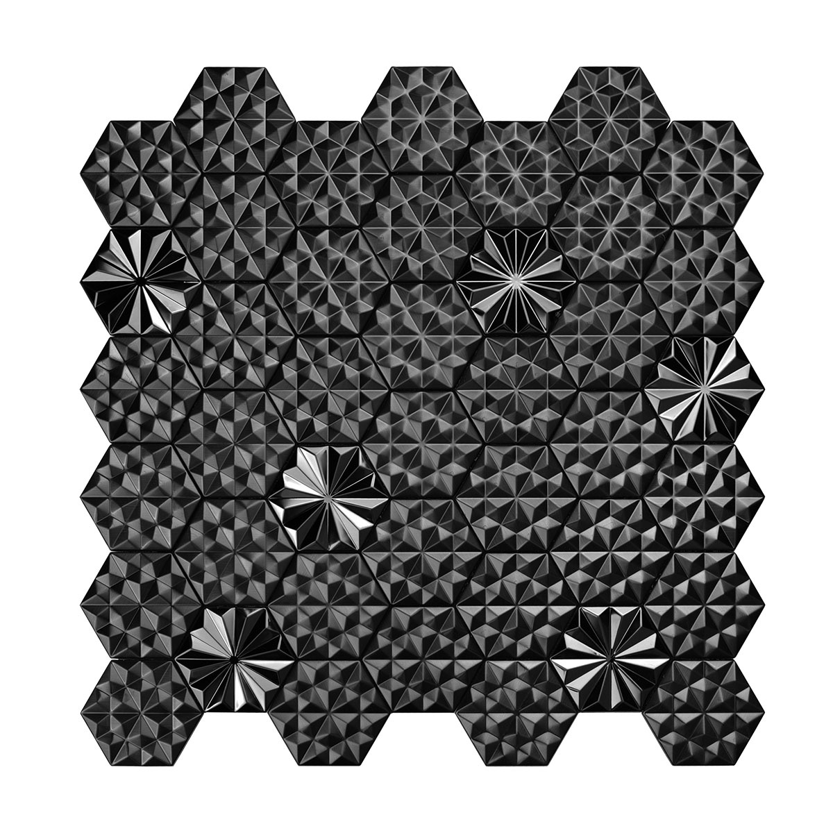 Obverse side of black metal 3D groutless hexagon mosaic tile in stainless steel.