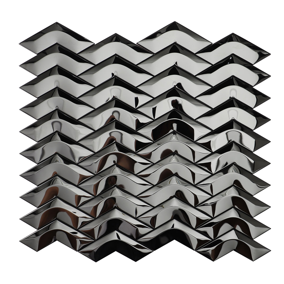 Obverse side of black stainless steel chevron 3D mirror mosaic tiles.
