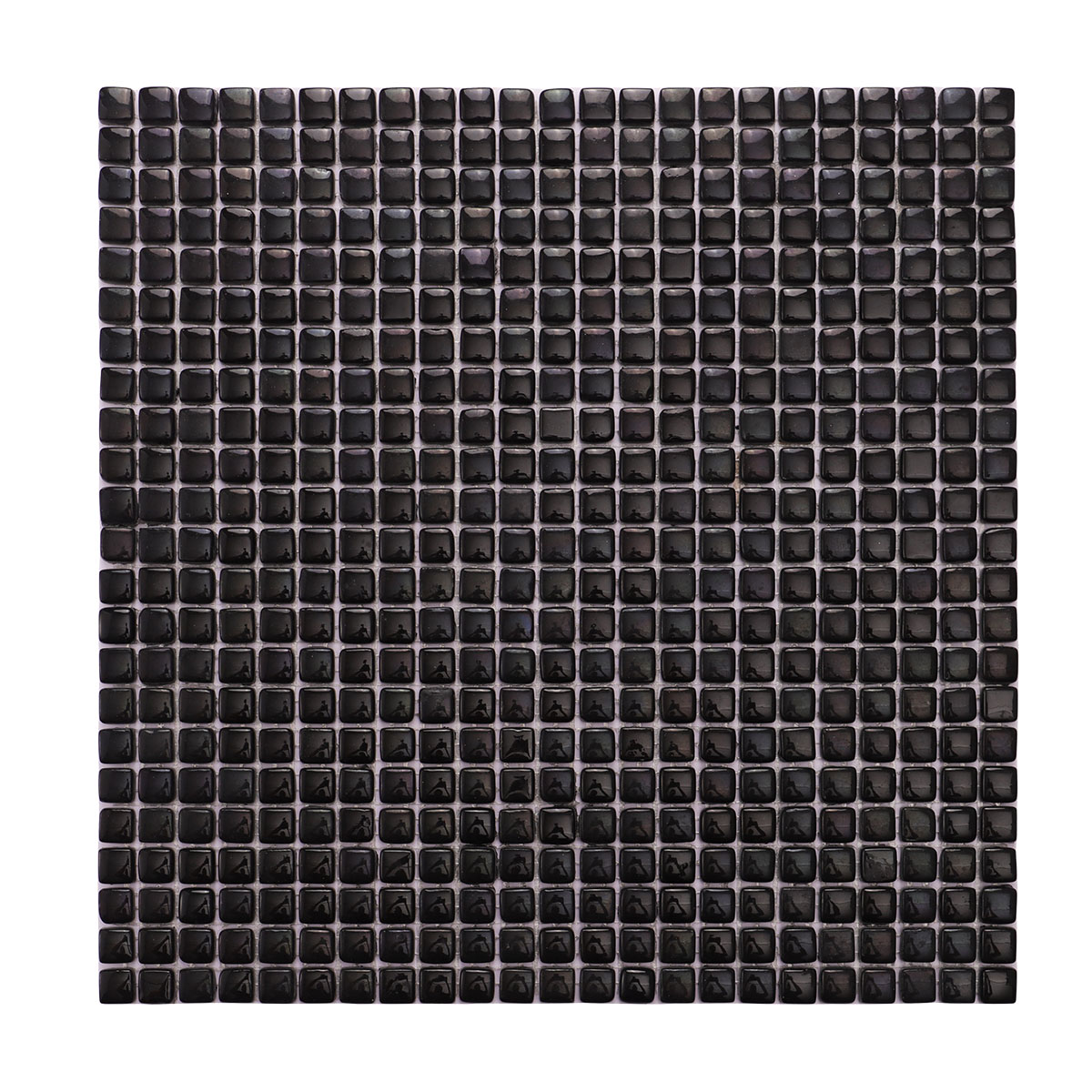 Obverse side of tiny black glossy recycled glass mosaic tiles.