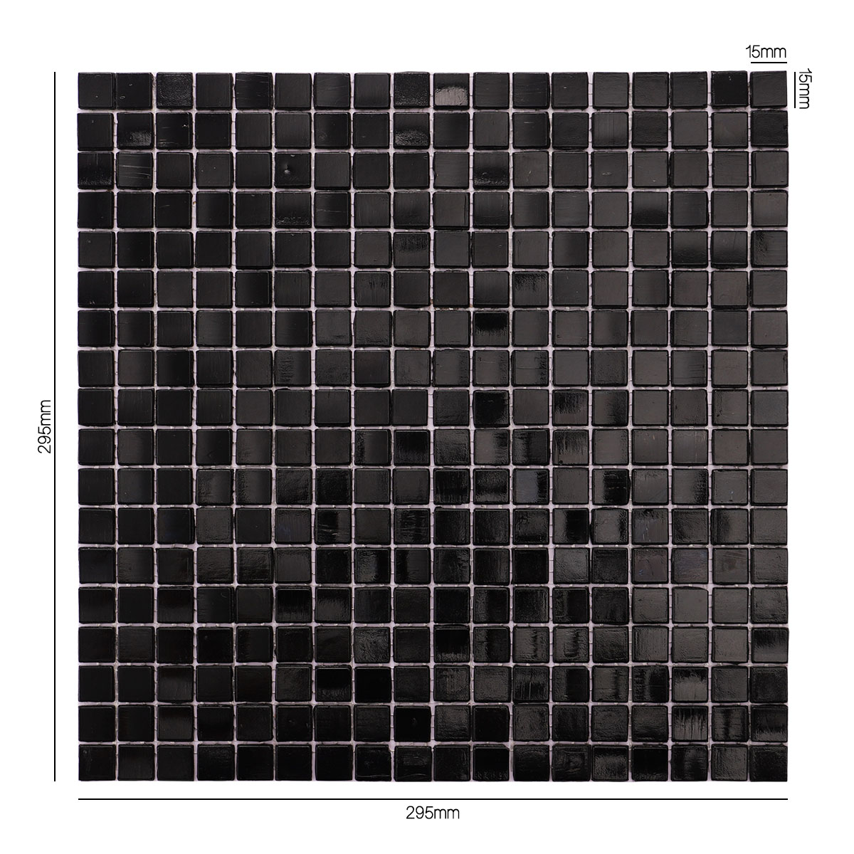 Obverse side of pure black glass mosaic tiles, showing size.
