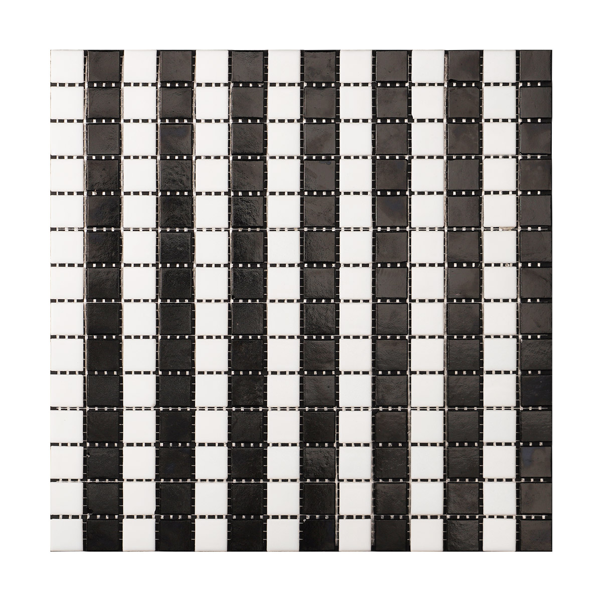 Obverse side of black and white stripe vintage glass mosaic tiles.