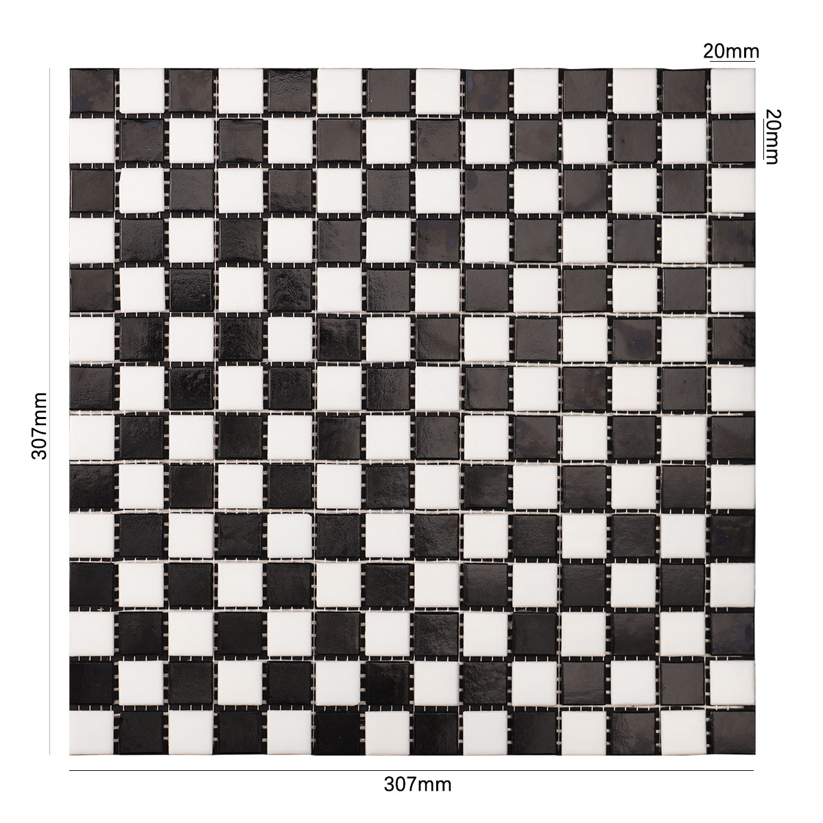 Size view of obverse side of black and white vintage checkerboard mosaic tiles.