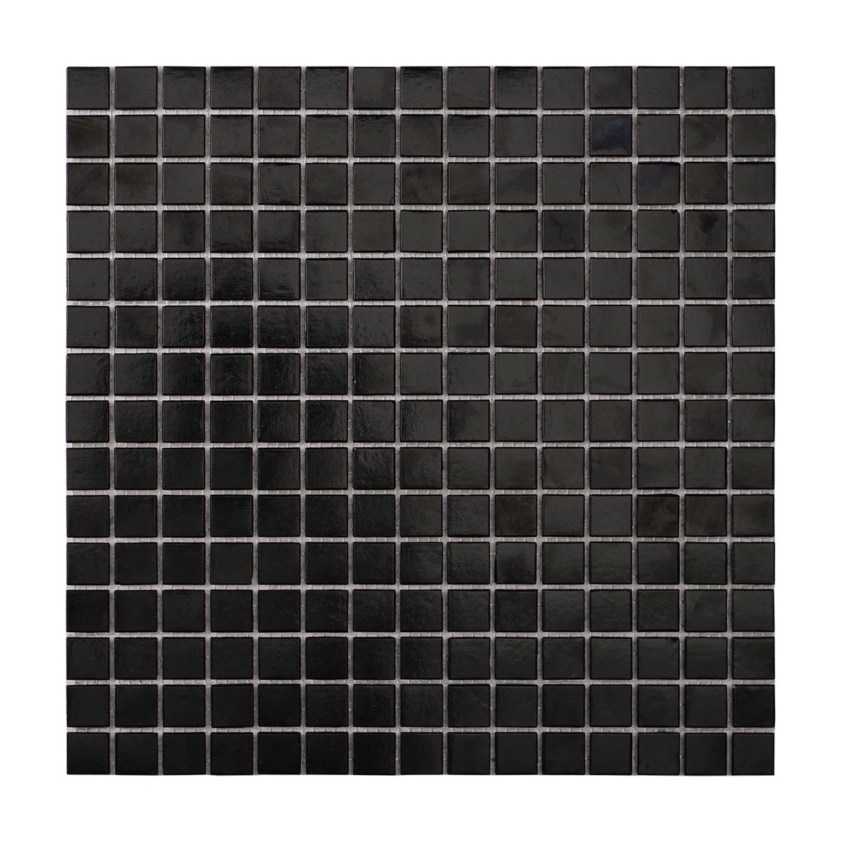 Obverse side of black fired earth glass square mosaic tiles 20mm x 20mm.
